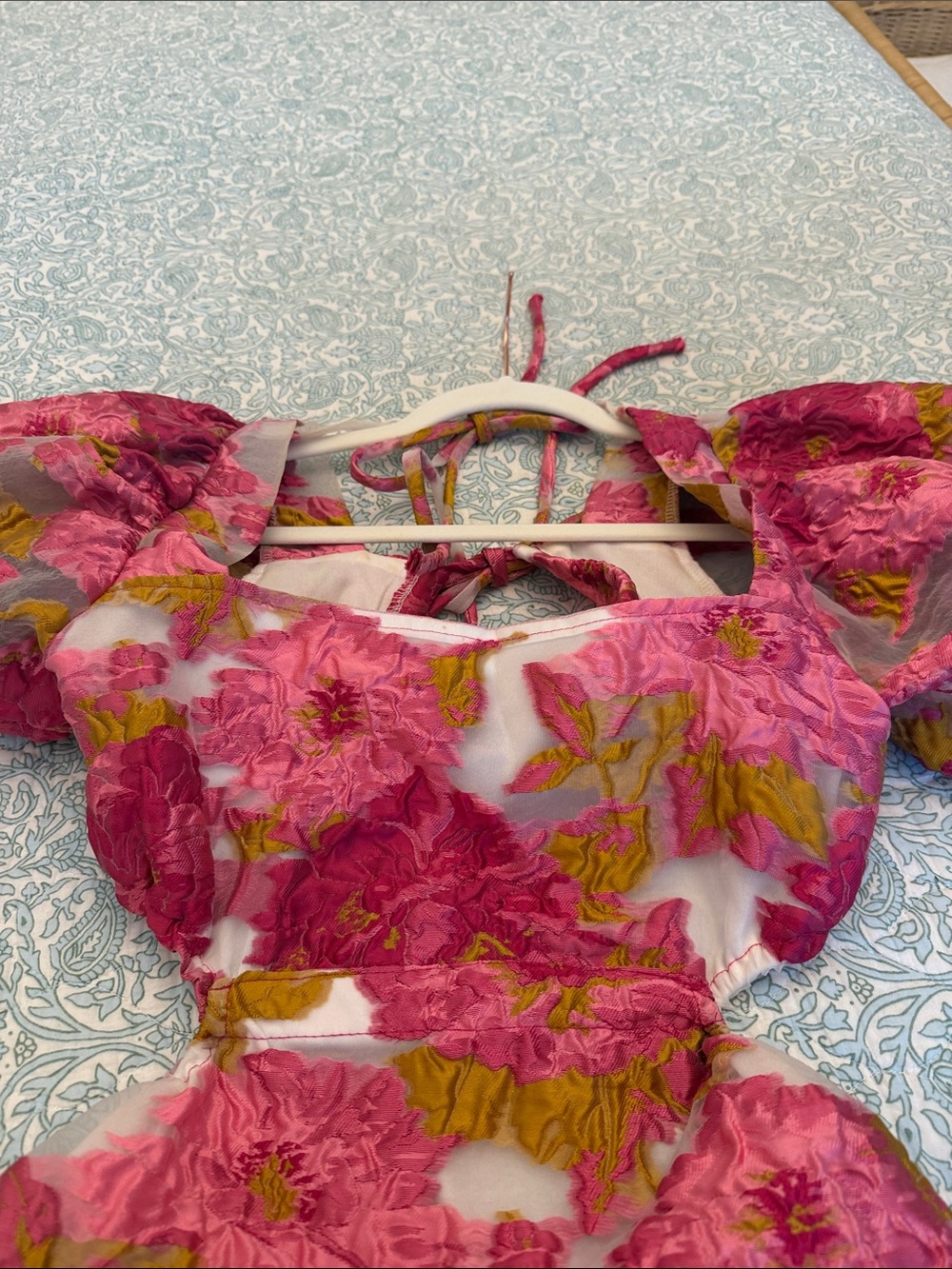 Hello Molly Pink Floral Jacquard Fabric Formal Dress US 6 M Puff Sleeves MINI - Picture 5 of 13